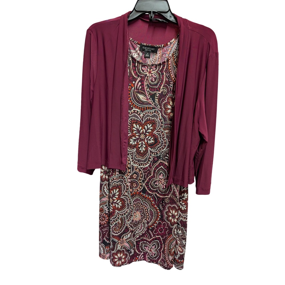Perceptions Paisley Dress Set Women 14 Burgundy Excellent Bolero Shrug 2pc